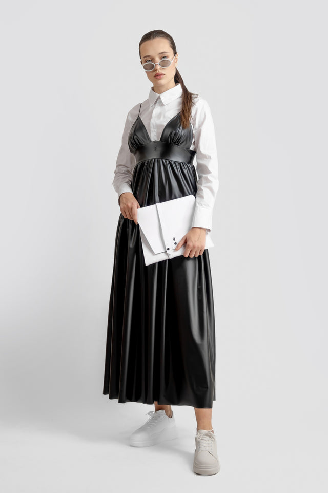 Drop Waist Vegan Leather Dress - Black TACRAI Drop Waist Vegan Leather Dress - Black TACRAI