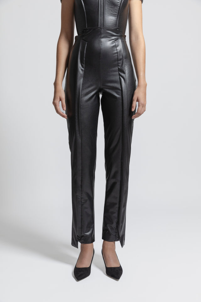High Waist Trousers Faux Leather - Black