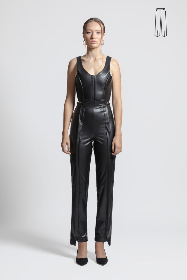 High Waist Trousers Faux Leather - Black