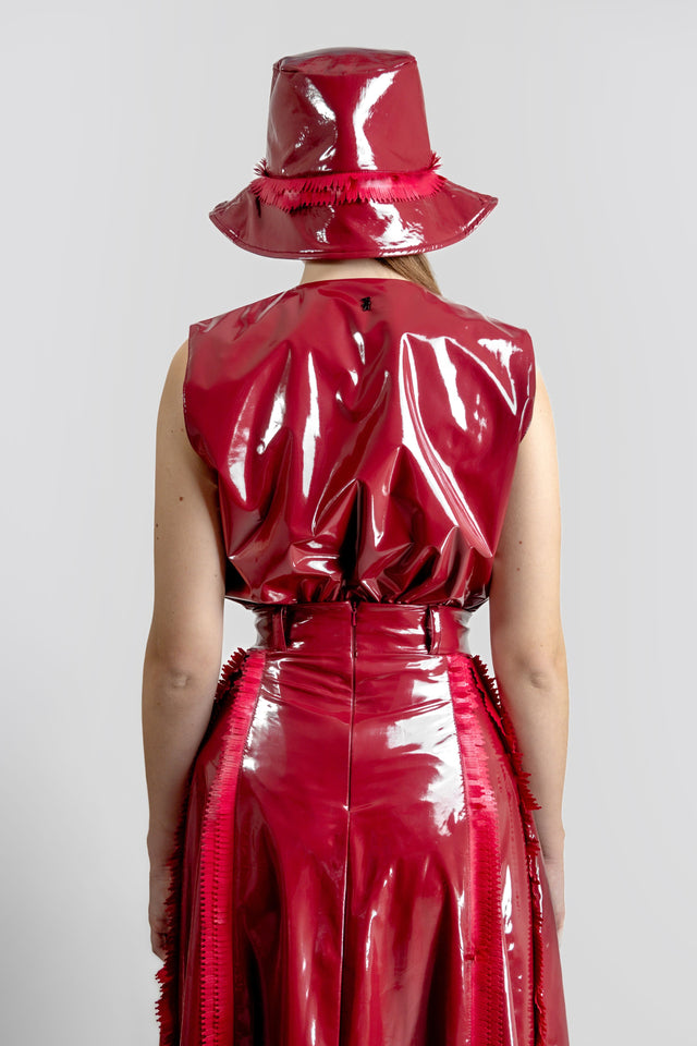 Latex Look Sleeveless Top & Fringe Detail - Burgundy