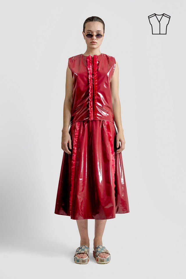 Latex Look Sleeveless Top & Fringe Detail - Burgundy