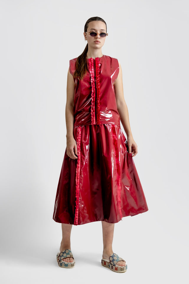 Latex Look Sleeveless Top & Fringe Detail - Burgundy