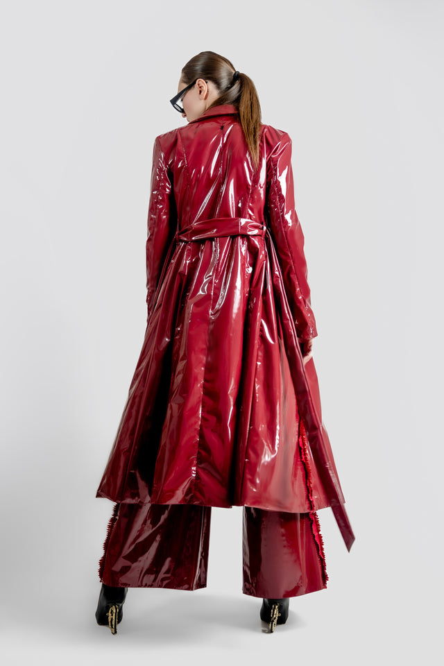 Latex Look Trench Coat & Fringe Detail - Burgundy