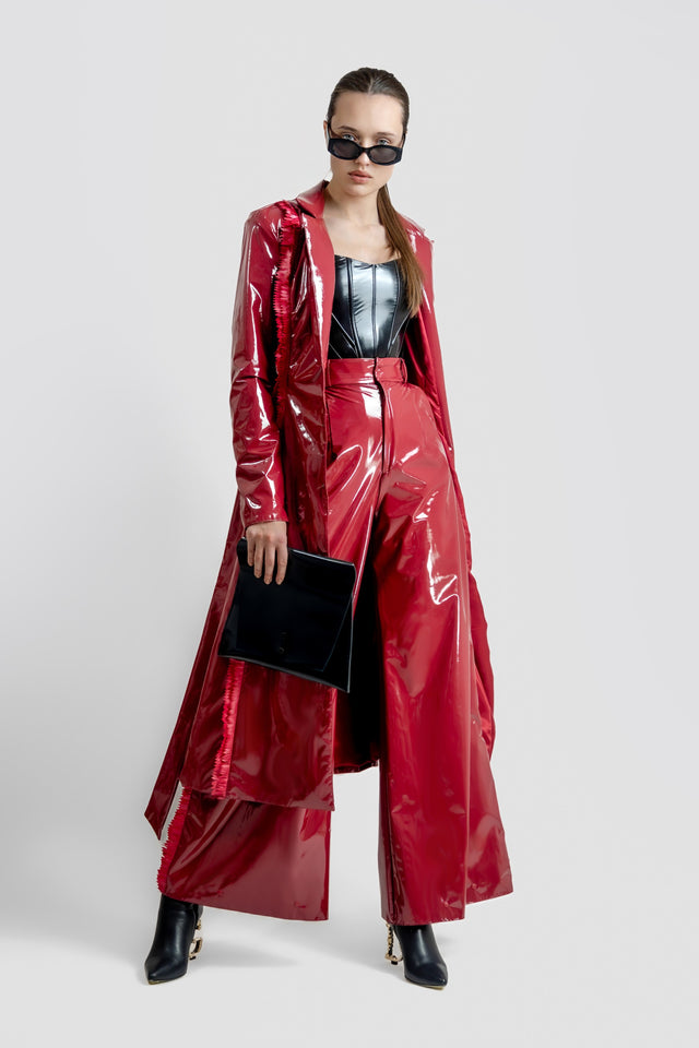 Latex Look Trench Coat & Fringe Detail - Burgundy