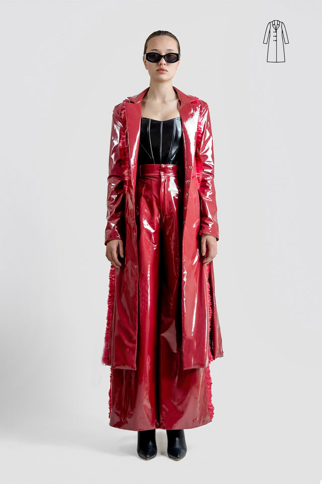 Latex Look Trench Coat & Fringe Detail - Burgundy