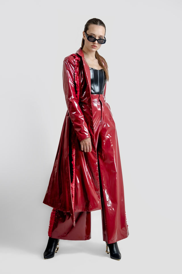 Latex Look Trench Coat & Fringe Detail - Burgundy