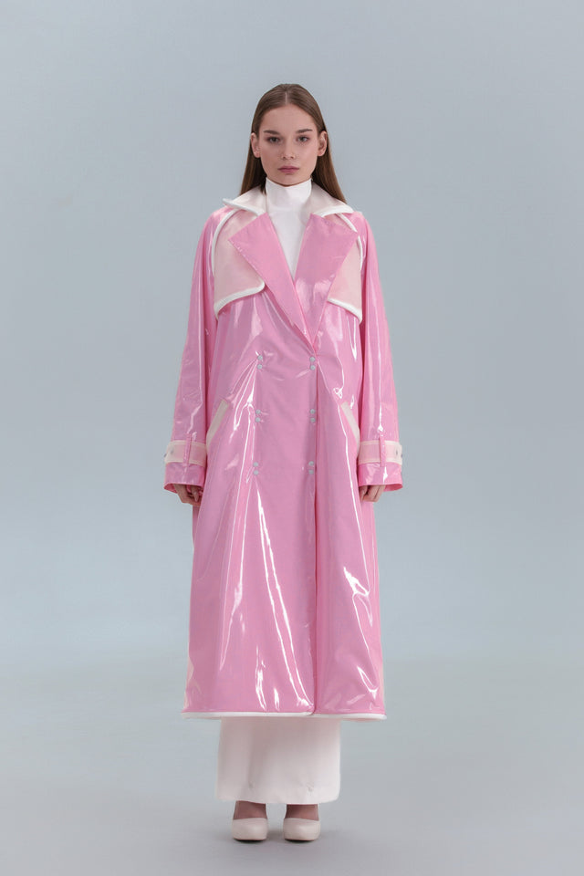 Straight Long Coat - Pink + White Piping