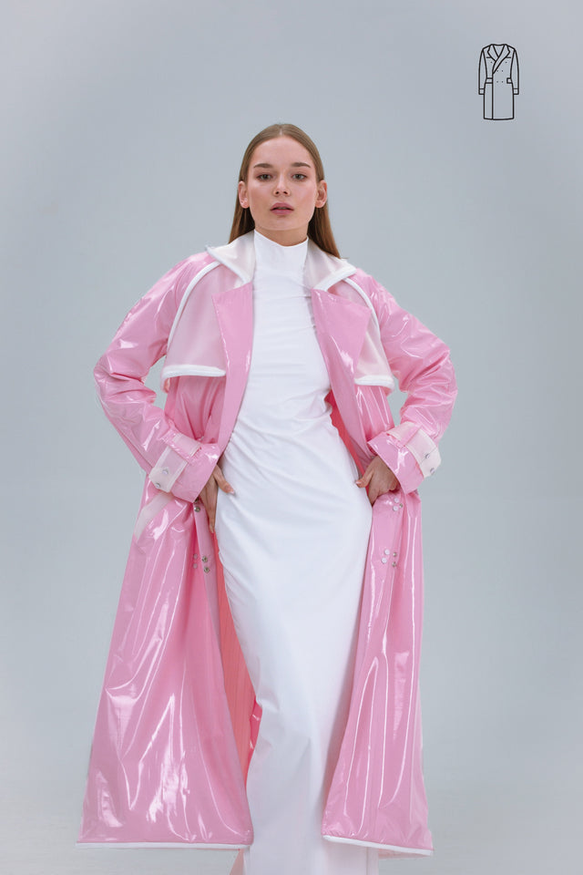 Straight Long Coat - Pink + White Piping