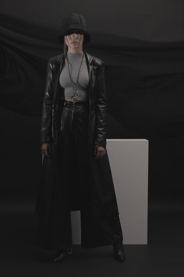 Reversible Latex Look & Vegan Leather Trench Coat - Black