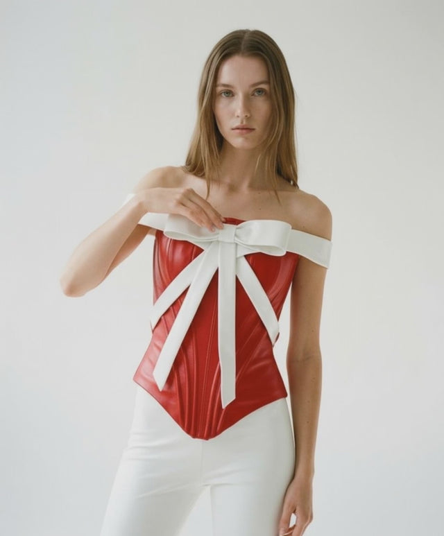 Red Leather Corset + Large White Ribbon