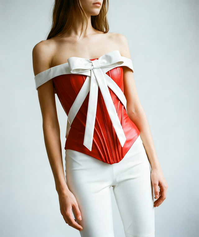 Red Leather Corset + Large White Ribbon