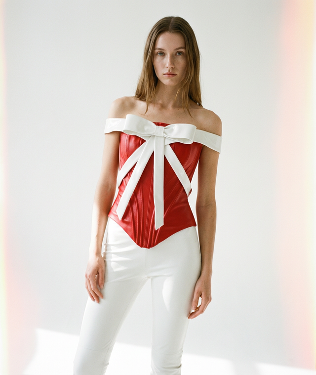 Red Leather Corset + Large White Ribbon