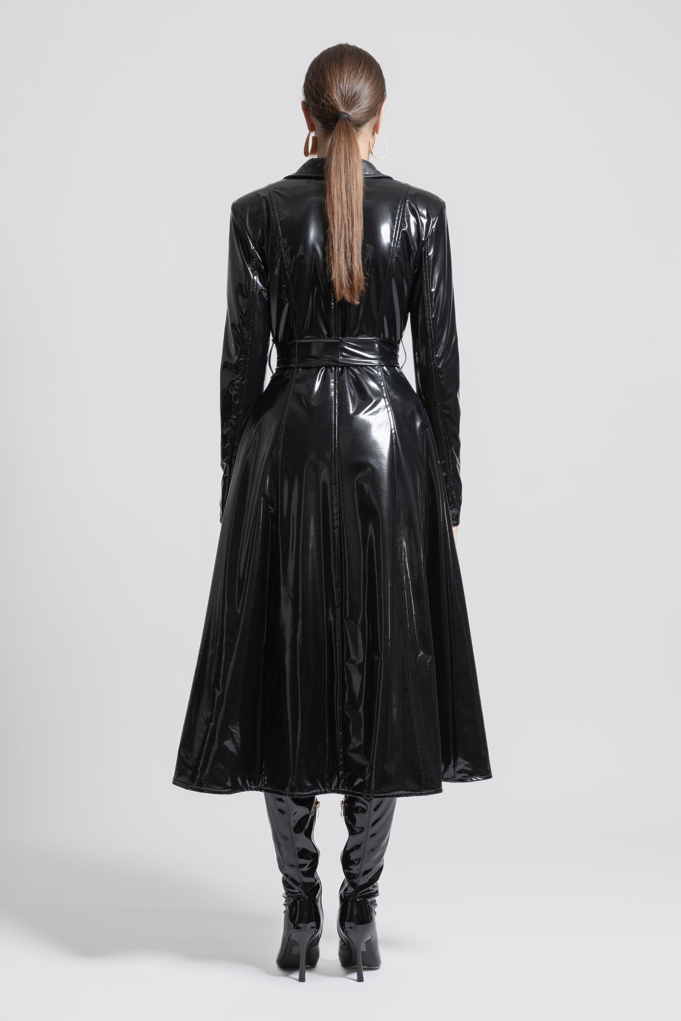 Reversible Latex Look Vegan Leather Trench Coat Black TACRAI