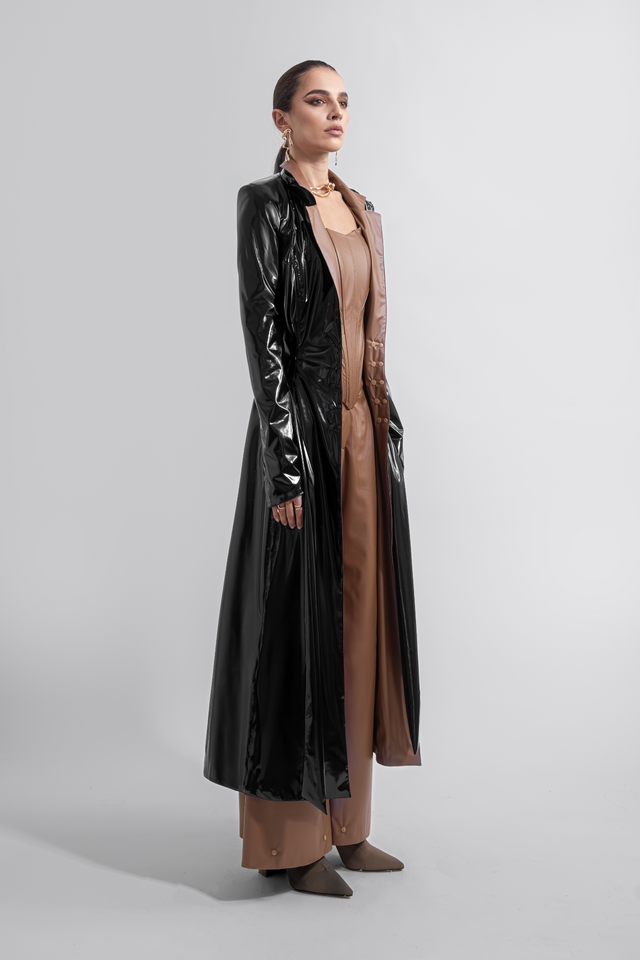 reversible_latex_look_and_vegan_leather_trench_coat_black_brown_side_2