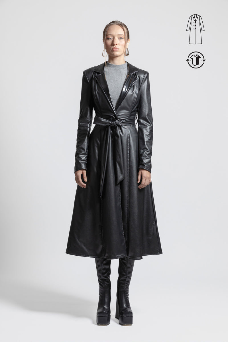 Reversible Latex Look & Vegan Leather Trench Coat - Black
