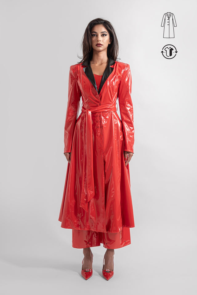 Reversible Latex Look & Vegan Leather Trench Coat - Red