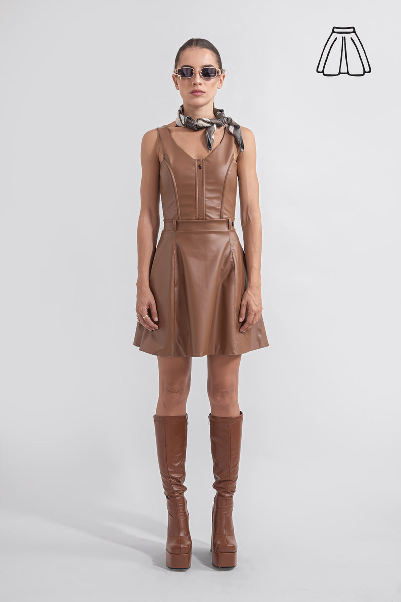 Short Circular Skirt Vegan Leather - Caramel Brown
