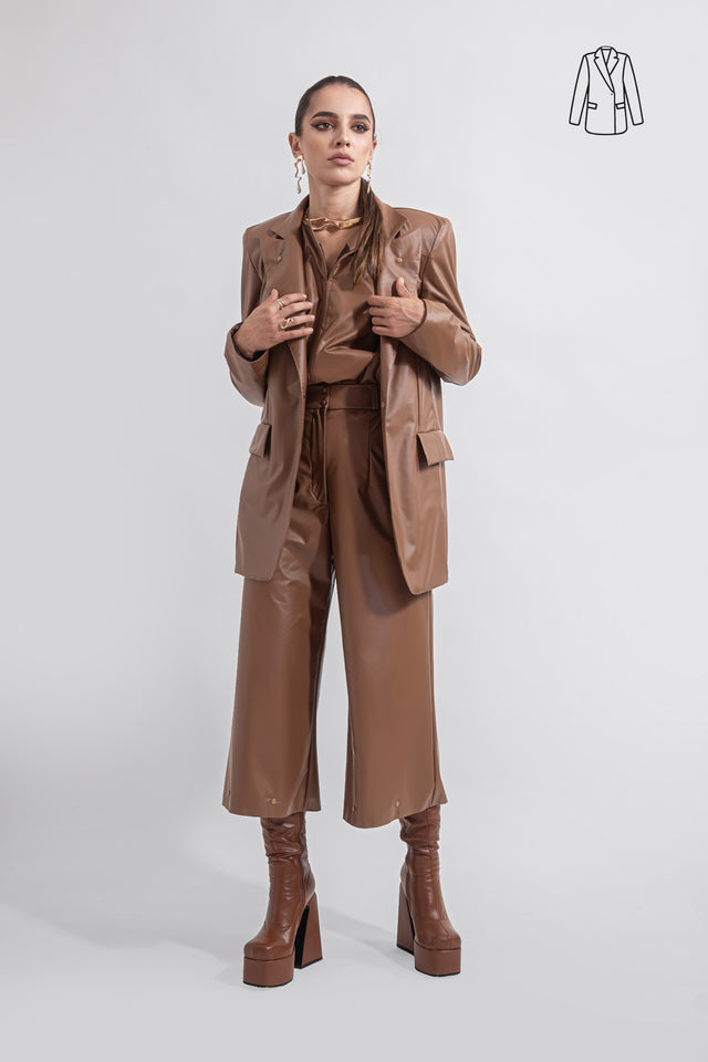 Single Breasted Blazer Vegan Leather - Caramel Brown