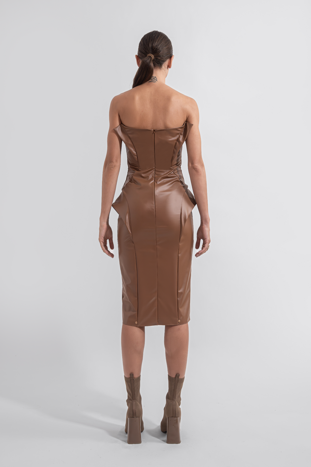 Strapless Faux Leather Dress - Caramel Brown TACRAI Strapless Faux Leather Dress - Caramel Brown TACRAI