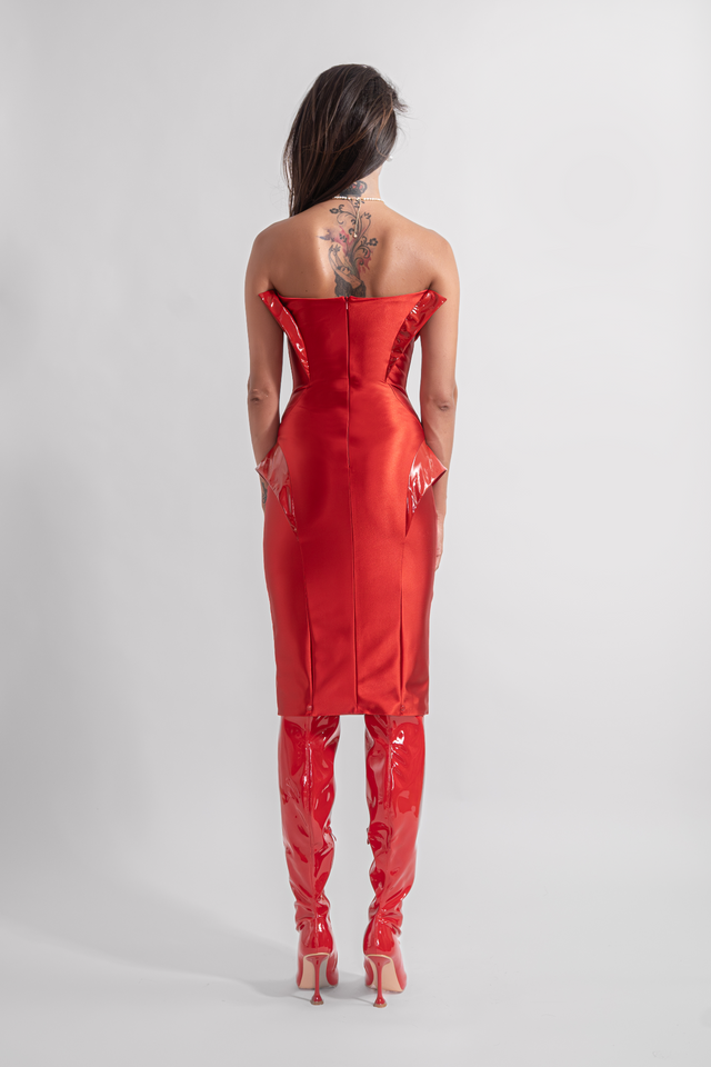 Strapless Latex Look Dress - Red TACRAI Strapless Latex Look Dress - Red TACRAI