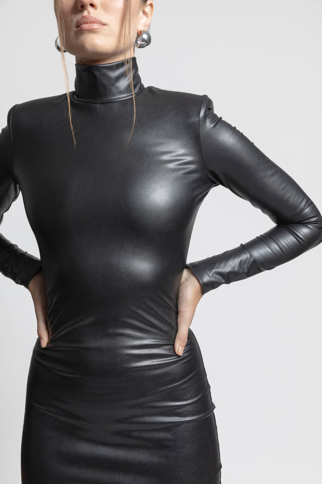 Women Vegan Leather Bodycon Dress - Black TACRAI Women Vegan Leather Bodycon Dress - Black TACRAI
