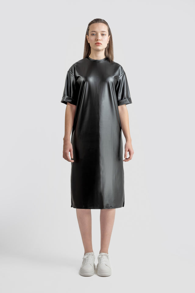 Latex Look T-shirt Dress - Black