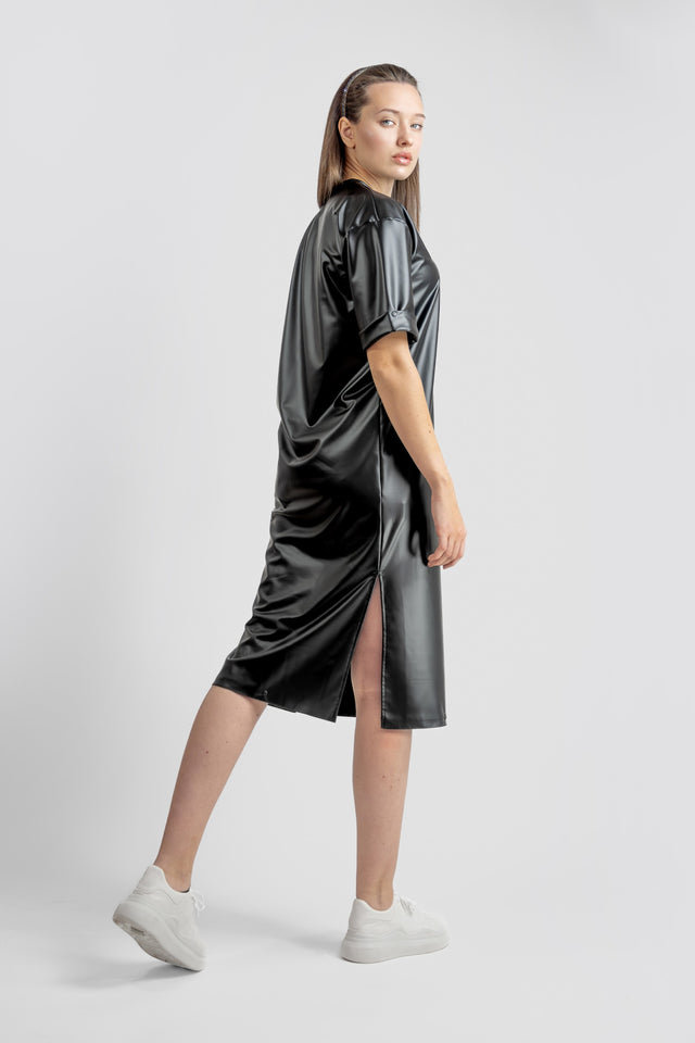Latex Look T-shirt Dress - Black