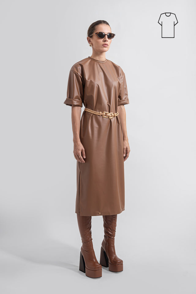 Vegan Leather T-shirt Dress - Caramel Brown