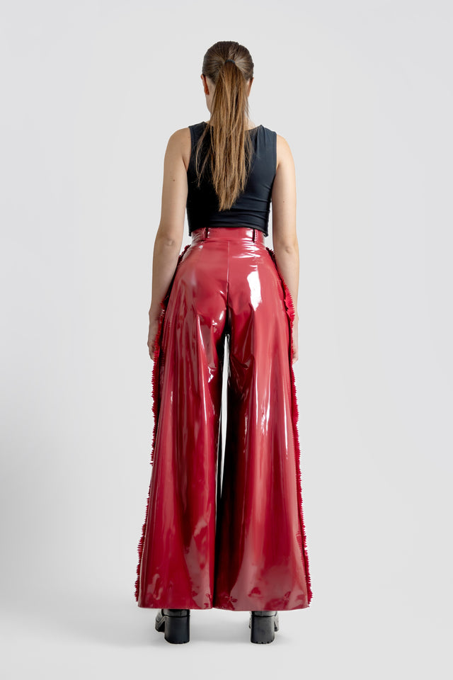 Wide Leg Flare Fringe Latex Look Pants - Burgundy