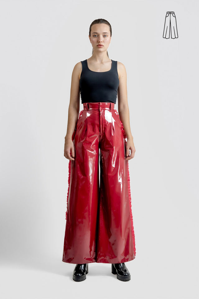 Wide Leg Flare Fringe Latex Look Pants - Burgundy