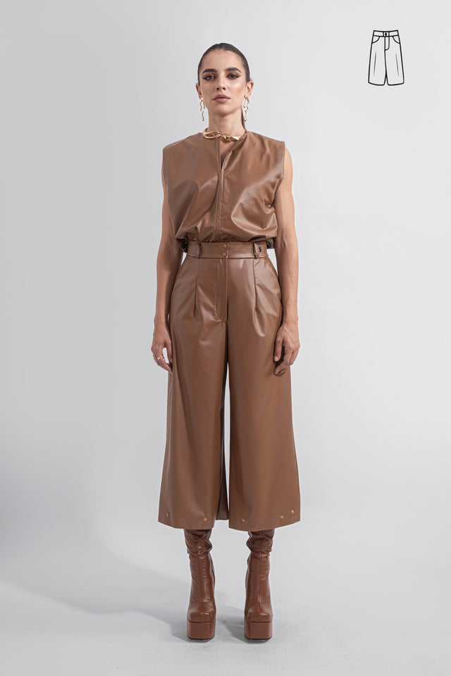 wide_leg_flare_leather_look_pants_capri_brown_front