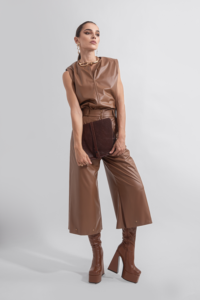 Brown Pants Brown Faux Leather Flares Capri Flare Vegan Leather
