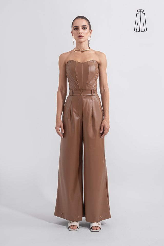 Wide Leg Flare Vegan Leather Pants - Caramel Brown
