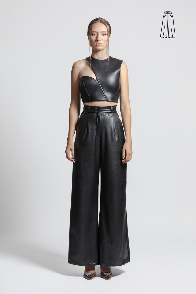 Wide Leg Flare Vegan Leather Pants - Black